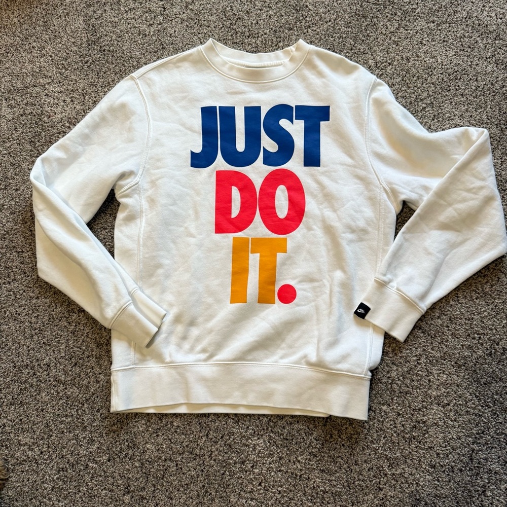 Nike WHITE sweater BLUE RED YELLOW just do it size small. Sweatshirt 2008